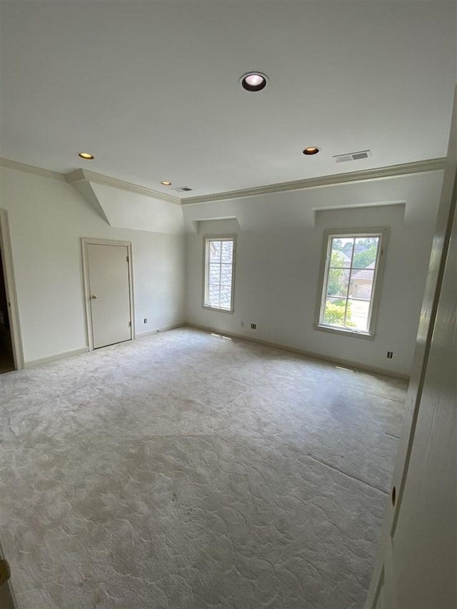 spare room with crown molding and light carpet