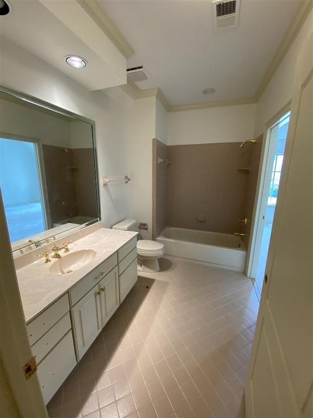 full bathroom with toilet, tile flooring, tiled shower / bath combo, and vanity