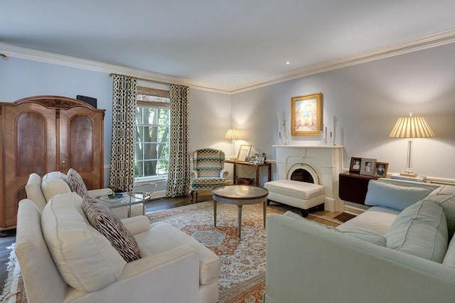 living room featuring hardwood / wood-style floors and ornamental molding