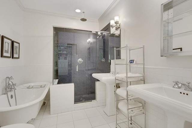 bathroom featuring tile walls, ornamental molding, plus walk in shower, and tile flooring