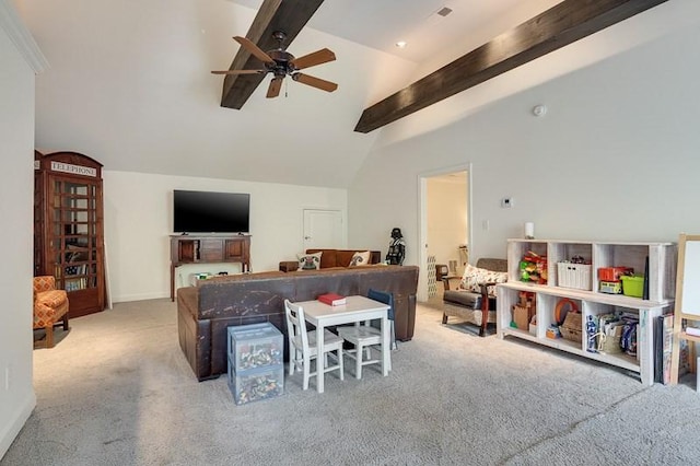 living room featuring light carpet, ceiling fan, high vaulted ceiling, and beamed ceiling