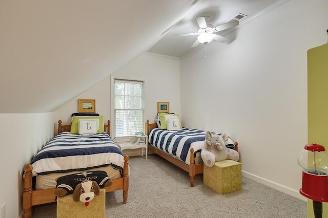 bedroom with ornamental molding, lofted ceiling, ceiling fan, and light colored carpet