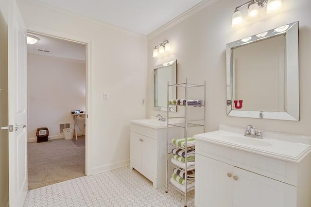 bathroom featuring dual vanity, tile floors, and ornamental molding