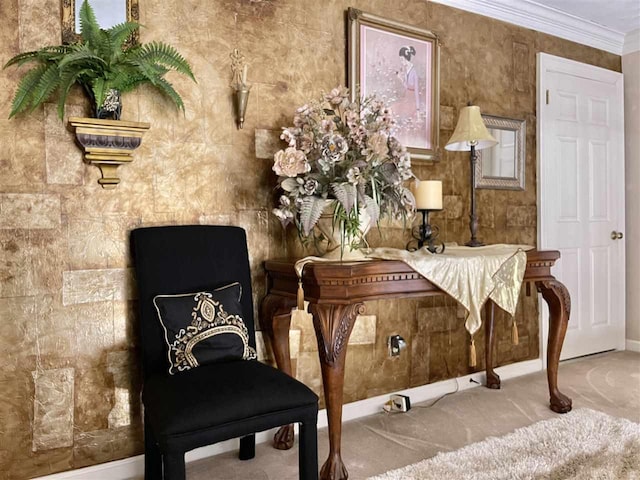 living area with ornamental molding and light colored carpet