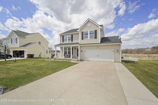 4246 Black Cherry Ln, Mason, MI 48854 - traditional home with covered porch, driveway, a front yard, and a garage