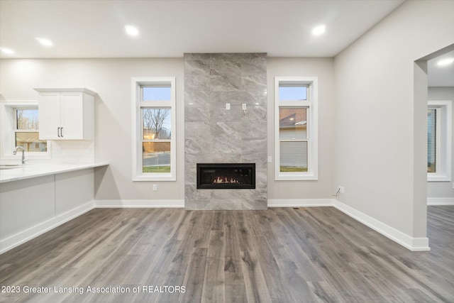 unfurnished living room with sink, a fireplace, and hardwood / wood-style flooring