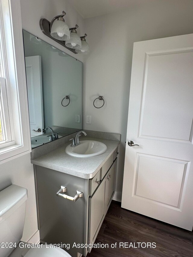 bathroom featuring vanity, toilet, and hardwood / wood-style floors