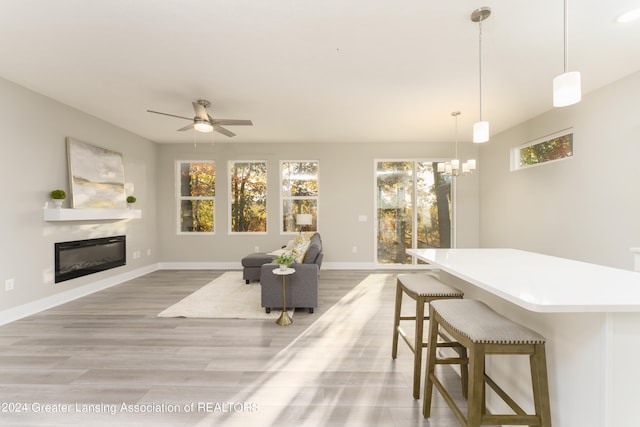 dining area featuring ceiling fan and light wood-type flooring