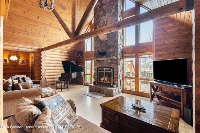 living room featuring a fireplace, high vaulted ceiling, log walls, light hardwood / wood-style flooring, and wooden ceiling