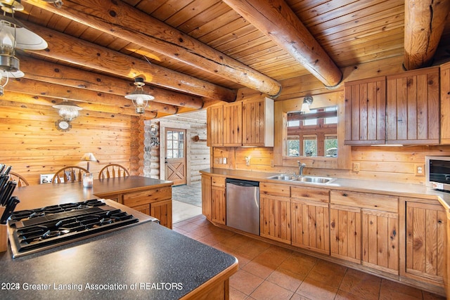 kitchen with wooden ceiling, stainless steel dishwasher, beam ceiling, and light tile flooring