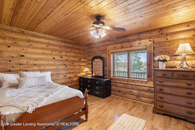 bedroom featuring log walls, wooden ceiling, and light wood-type flooring