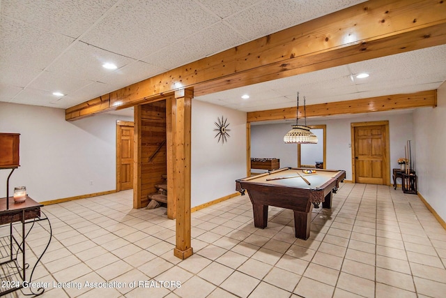 playroom featuring a paneled ceiling, light tile floors, and billiards