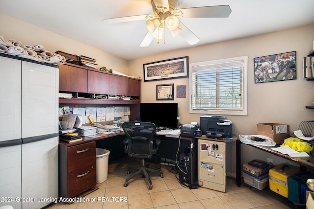 office area featuring ceiling fan and light tile floors