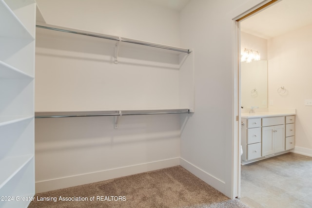 walk in closet featuring light carpet