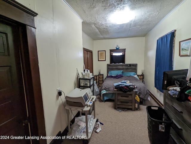 bedroom with carpet and a textured ceiling