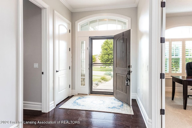 entryway with ornamental molding and dark wood-type flooring