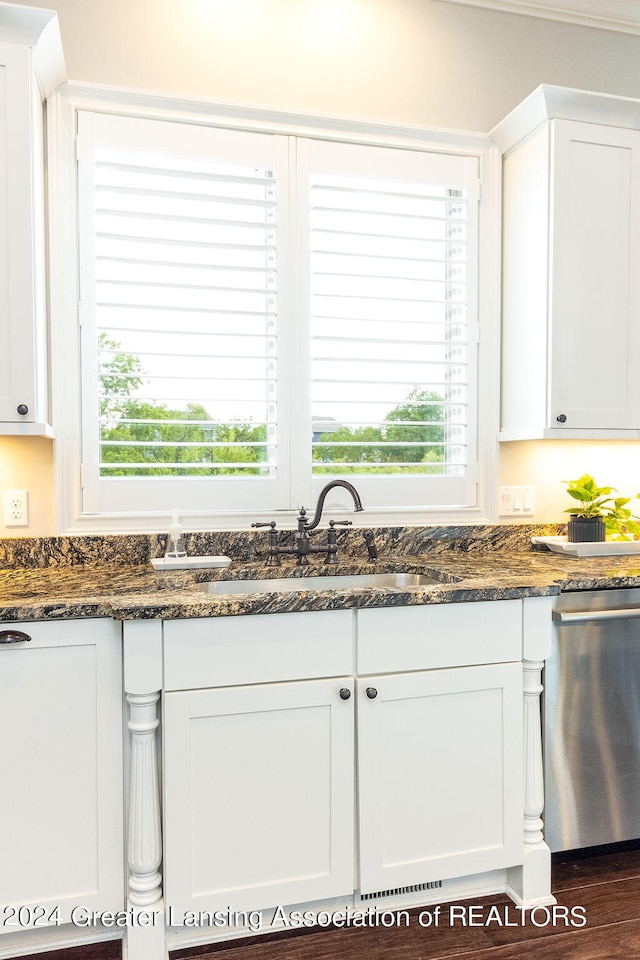 kitchen featuring stainless steel dishwasher, plenty of natural light, and white cabinets