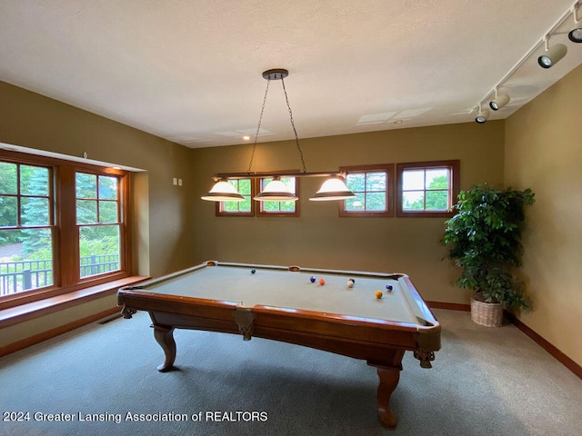 recreation room with a wealth of natural light, carpet, and billiards