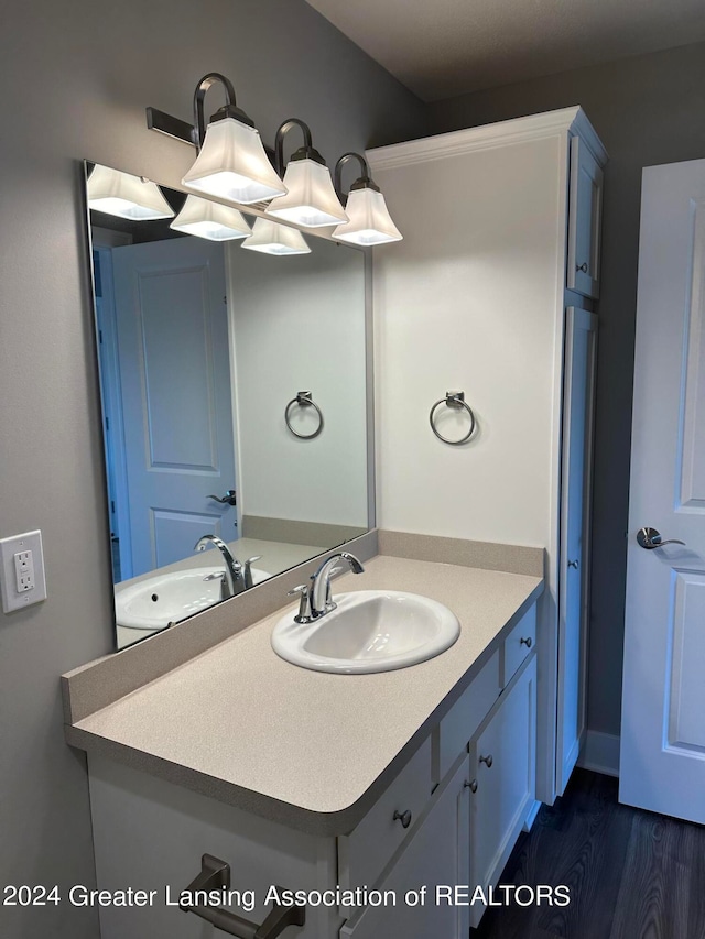 bathroom featuring oversized vanity and hardwood / wood-style flooring