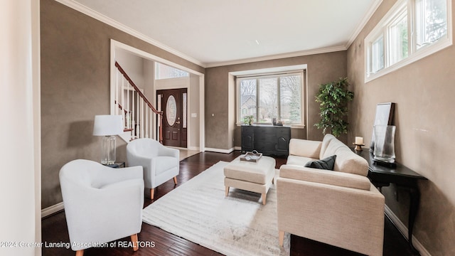 living room featuring stairs, ornamental molding, dark wood finished floors, and baseboards