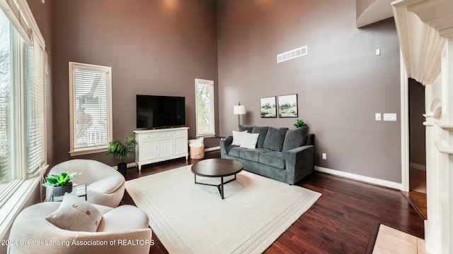 living area featuring baseboards, a high ceiling, visible vents, and dark wood-style flooring