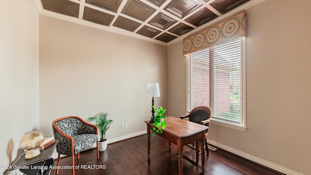 office area featuring crown molding, dark wood finished floors, and baseboards