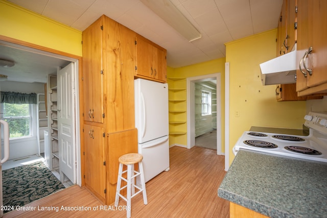 kitchen with white appliances, light hardwood / wood-style flooring, and exhaust hood