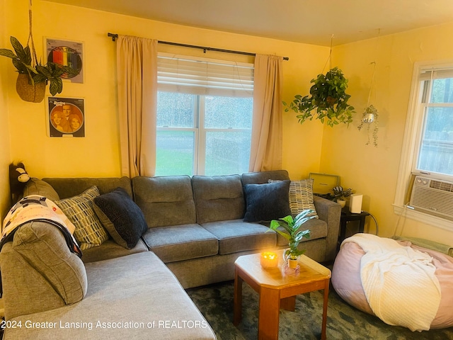 carpeted living room with cooling unit