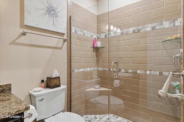 bathroom with vanity, a shower with shower door, and toilet