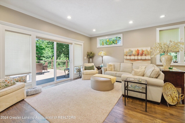 living room with hardwood / wood-style flooring and ornamental molding