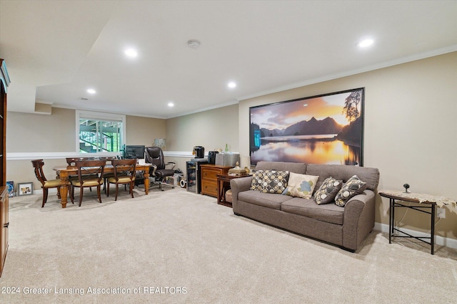 living room featuring light carpet and ornamental molding