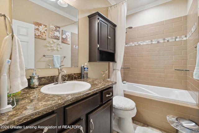 full bathroom featuring shower / bath combination with curtain, toilet, crown molding, and vanity