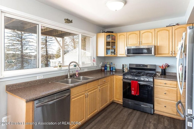 411 N Scott Dr, Farwell, MI 48622 - kitchen featuring stainless steel appliances, dark countertops, dark wood-style flooring, glass insert cabinets, and light brown cabinetry