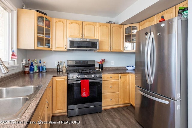 411 N Scott Dr, Farwell, MI 48622 - kitchen with stainless steel appliances, dark wood-style flooring, glass insert cabinets, dark countertops, and light brown cabinets