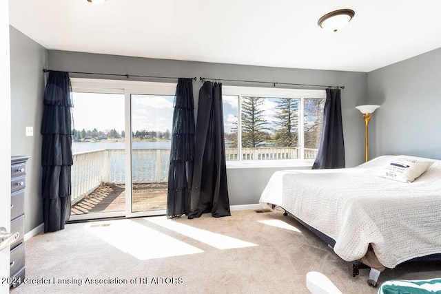 411 N Scott Dr, Farwell, MI 48622 - bedroom with carpet, access to exterior, and a water view