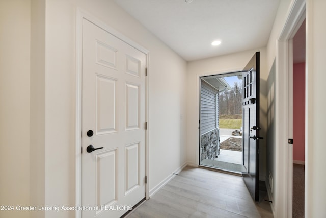 302 Vansickle Dr Unit 35, Charlotte, MI 48813 - doorway featuring baseboards, light wood finished floors, and recessed lighting