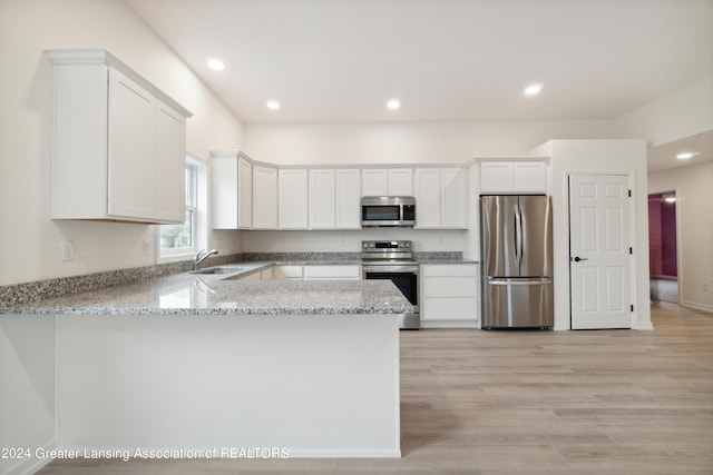 302 Vansickle Dr Unit 35, Charlotte, MI 48813 - kitchen with appliances with stainless steel finishes, a sink, a peninsula, white cabinets, and recessed lighting