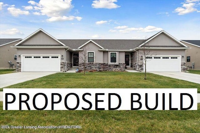 302 Vansickle Dr Unit 35, Charlotte, MI 48813 - view of front facade featuring an attached garage, concrete driveway, stone siding, and board and batten siding