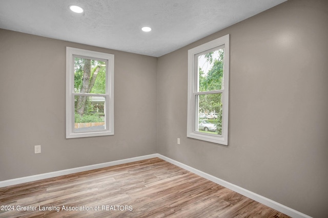 spare room featuring light wood-type flooring, a wealth of natural light, and a textured ceiling