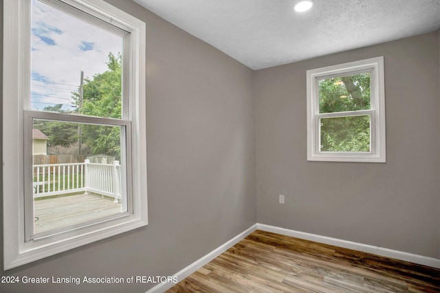 spare room with a textured ceiling and wood-type flooring