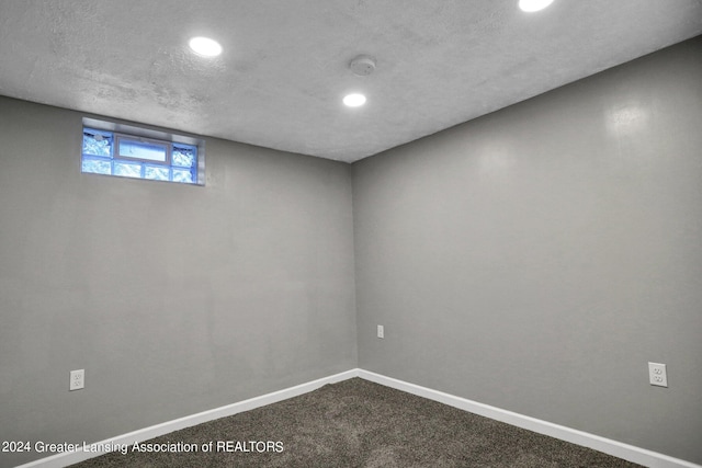 basement featuring carpet and a textured ceiling