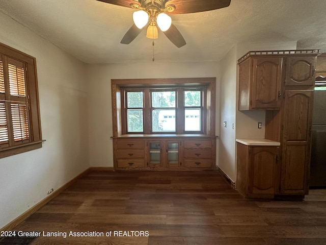 interior space featuring a textured ceiling, ceiling fan, and dark wood-type flooring