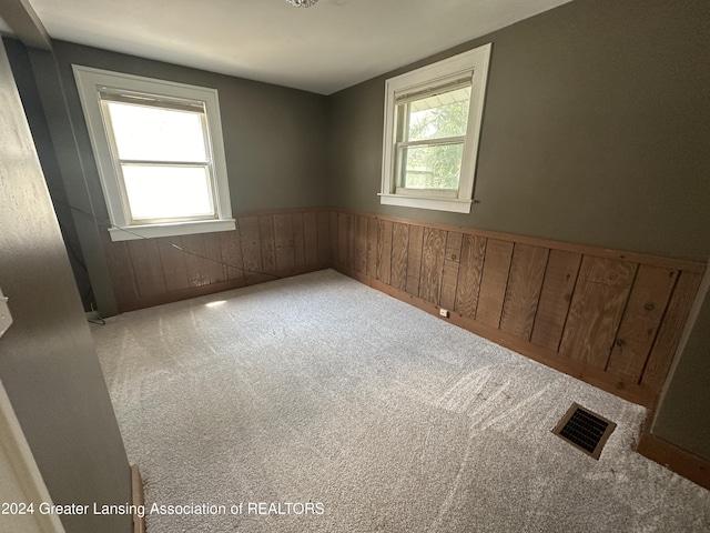 carpeted empty room featuring wooden walls