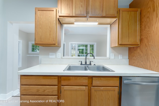 kitchen with stainless steel dishwasher, plenty of natural light, light brown cabinetry, and sink