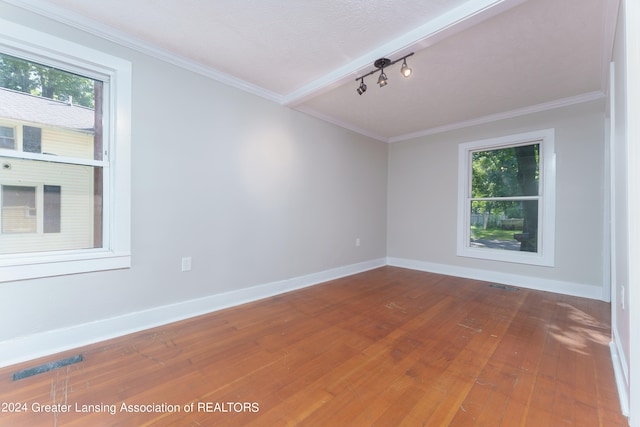 unfurnished room with hardwood / wood-style floors, crown molding, and plenty of natural light