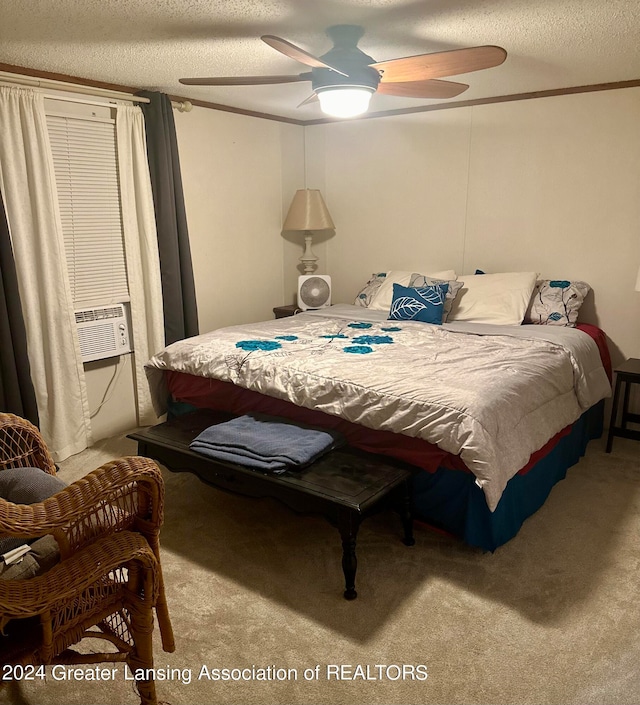 bedroom with light colored carpet, a textured ceiling, and ceiling fan