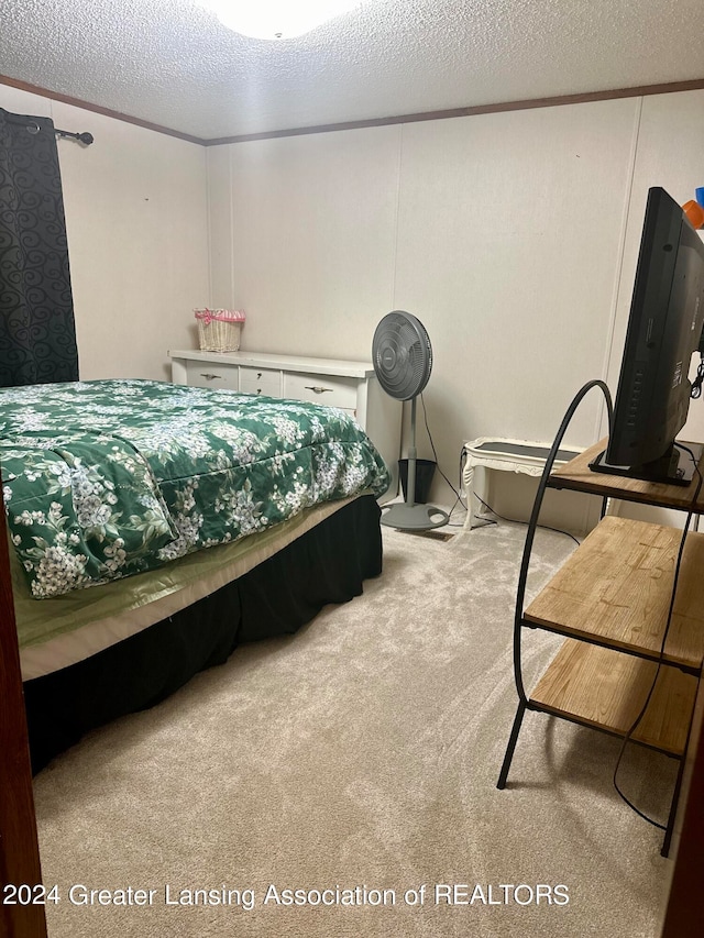 bedroom featuring carpet flooring and a textured ceiling