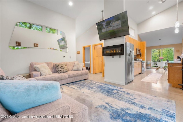 living room featuring a high ceiling