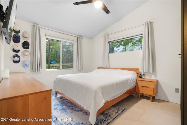 bedroom with ceiling fan and vaulted ceiling