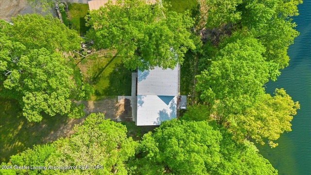 bird's eye view with a water view